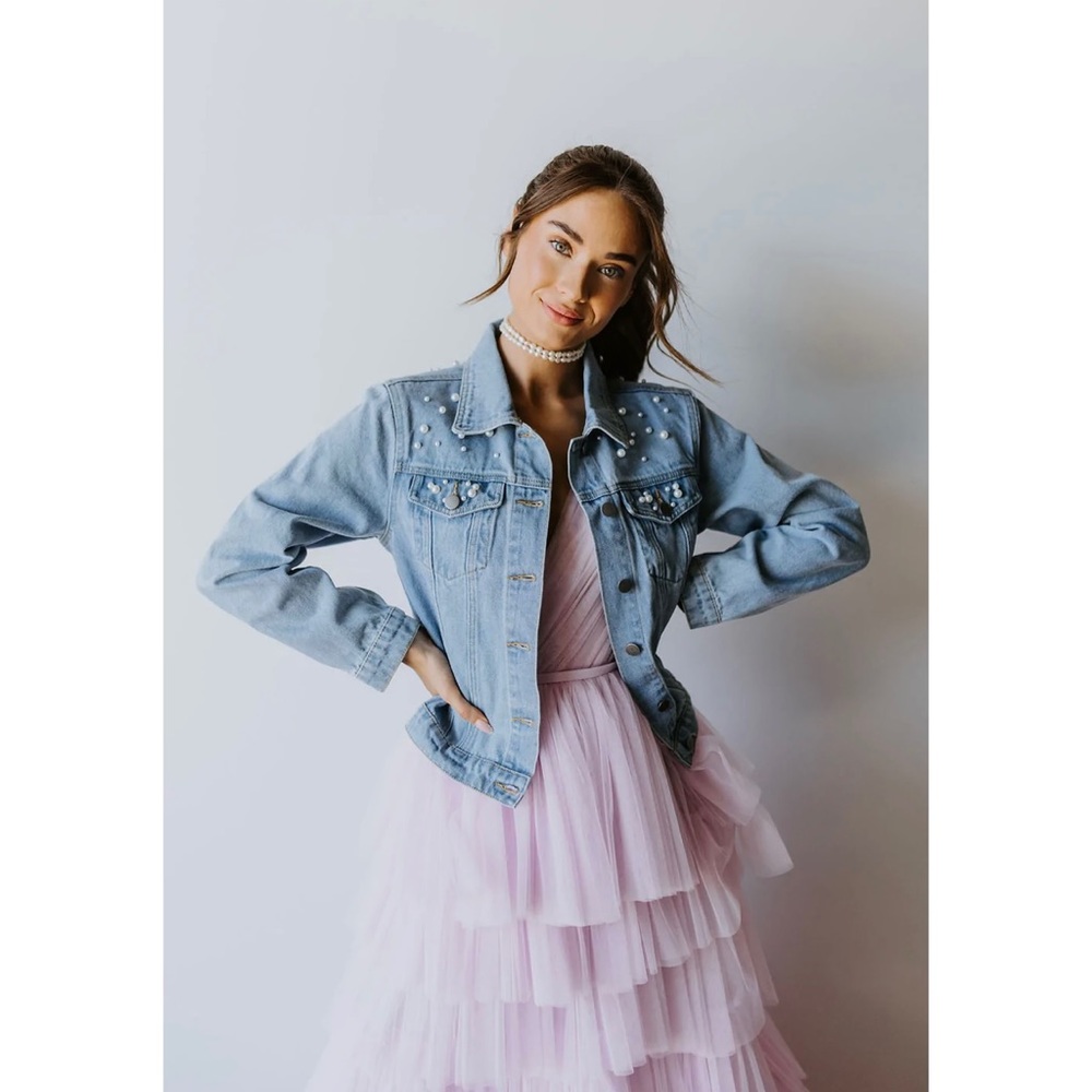 Untamed Petals Mrs. Jacket | Bridal Light Wash Denim Jacket with Pearls | NWT